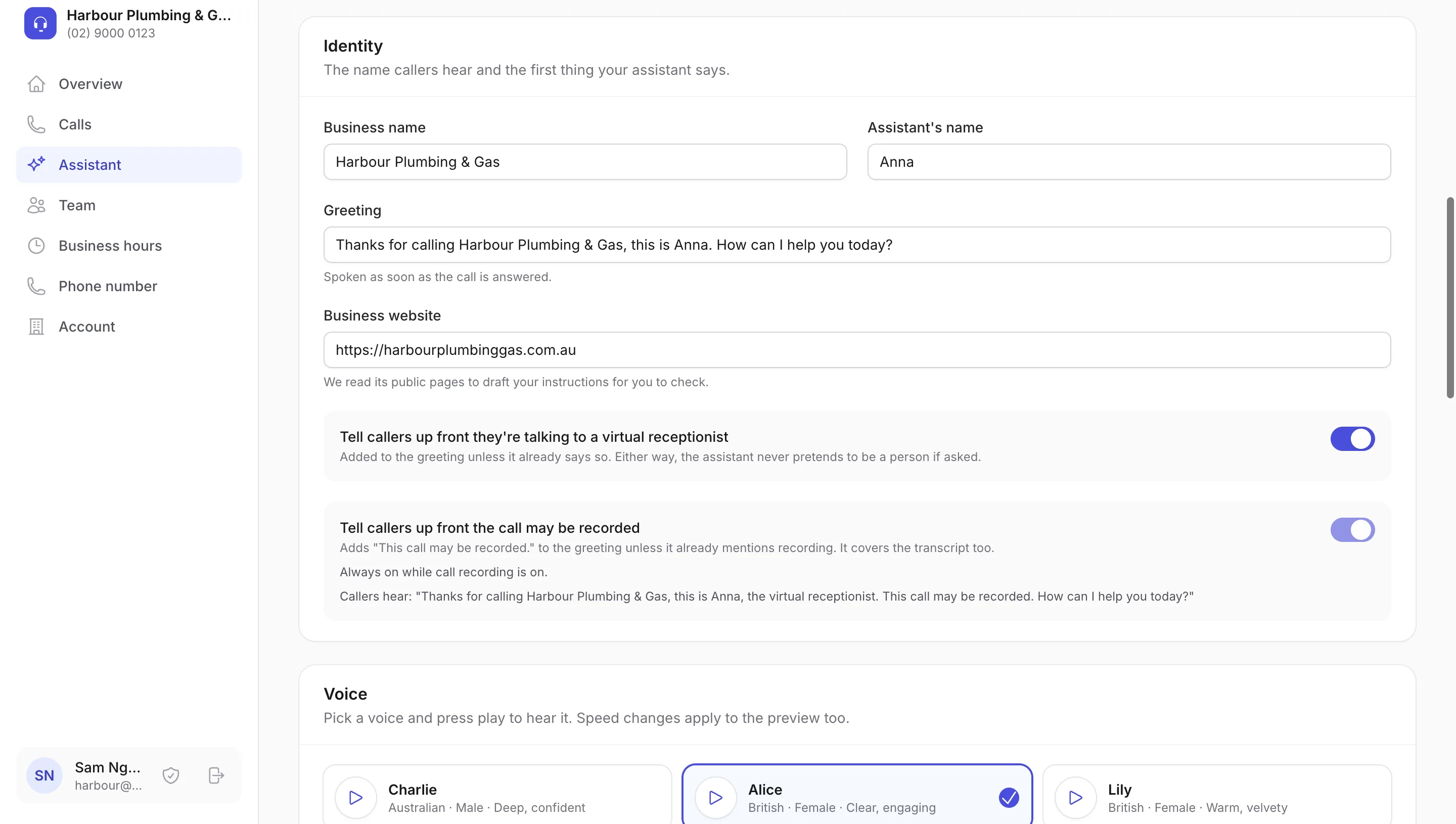 The Assistant page: the business name, assistant name Anna, the greeting, the business website it was drafted from, the switches to tell callers up front about the virtual receptionist and the recording notice, and a choice of voices.