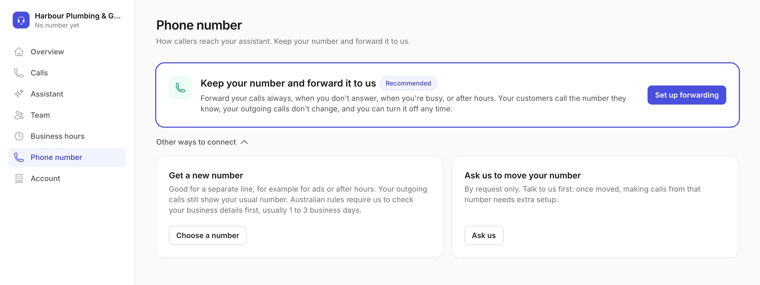 The Phone number page: keep your number and forward it to us, recommended, with a Set up forwarding button. Under "Other ways to connect": get a new number, good for a separate line, or ask us to move your number, by request only.