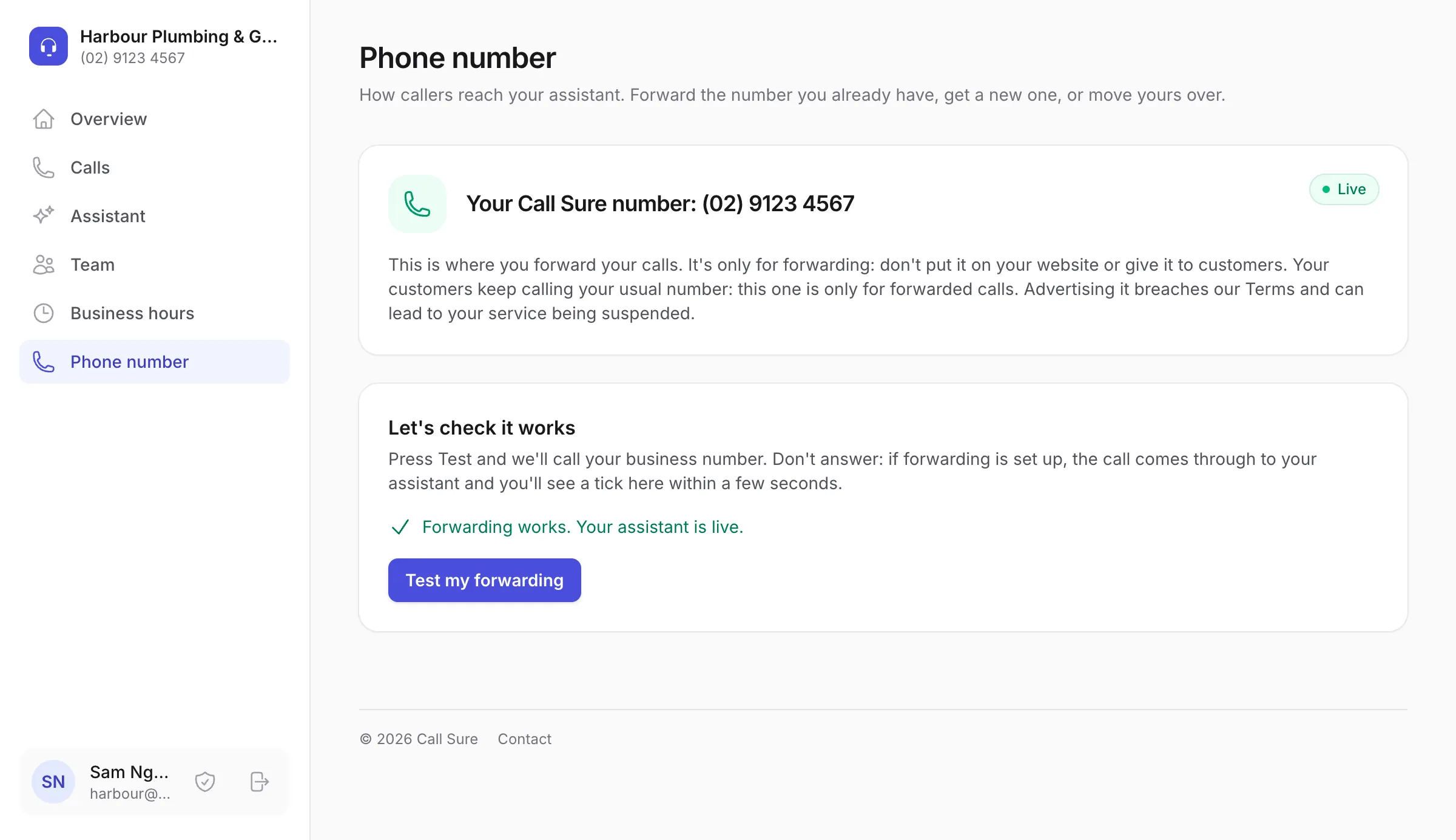The Phone number page after the forwarding test: the Call Sure number is marked Live, with Forwarding works. Your assistant is live.